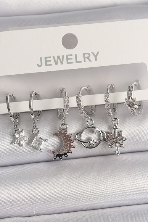 YRTCL Pirinç Gümüş Renk Zirkon Taşlı Gezgen Model Kadın Küpe Seti