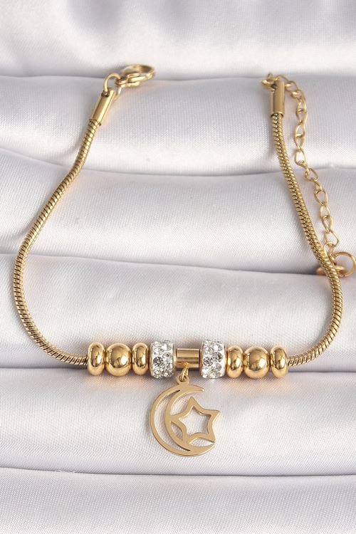 YRTCL 316L Çelik Gold Renk Tüp Zincir Zirkon Taş Detaylı Sallantı Ay Yıldız Figür Kadın Bileklik