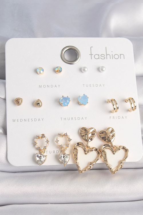 YRTCL Pirinç Gold Renk Zirkon Taşlı Sallantı Beyaz Sedefli Kalp Model 7 Çift Kadın Küpe Seti