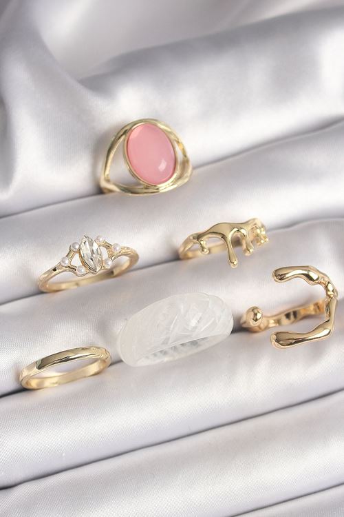 YRTCL Pirinç Gold Renk Zirkon Taş Detaylı Pembe Mineli 6'Lı Kadın Yüzük Seti