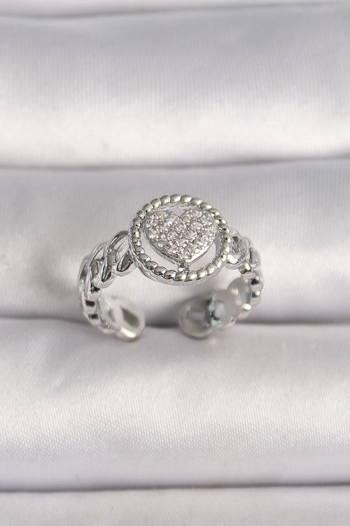 YRTCL Pirinç Gümüş Renk Zincir Model Zirkon Taşlı Kalp Model Kadın Yüzük