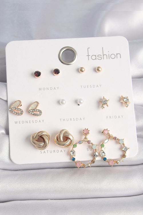 YRTCL Pirinç Gold Renk Renkli Zirkon Taşlı Kalp Detay 7 Çift Kadın Küpe Seti