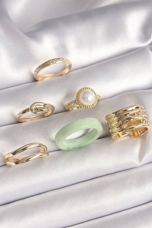 YRTCL Pirinç Gold Renk Düğüm Model İncili İşlemeli Plaka Model 6'Lı Kadın Yüzük Seti