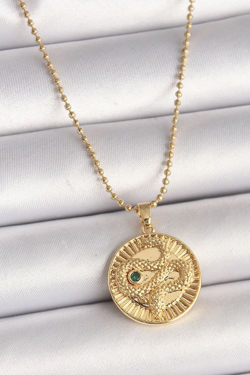 YRTCL 316L Çelik Gold Renk Topçuk Zincir Yılan İşlemeli Zirkon Taş Detaylı Madalyon Model Kadın Kolye