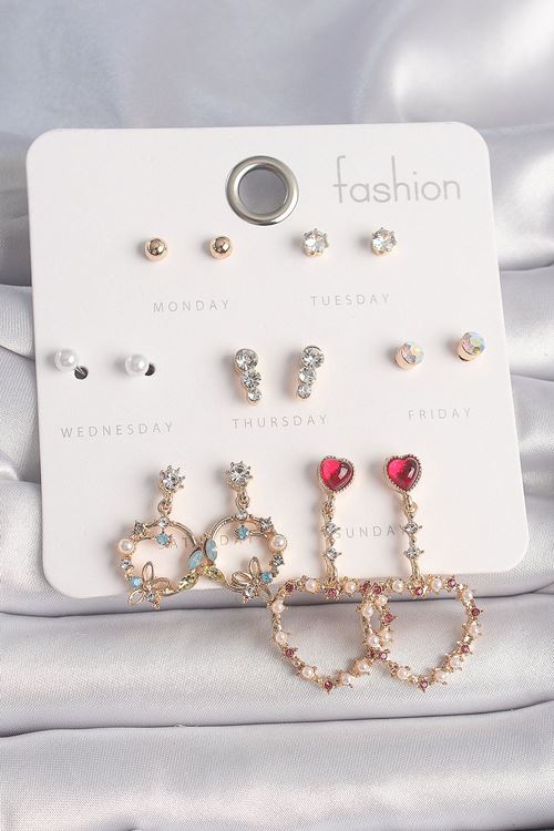 YRTCL Pirinç Gold Renk Zirkon Taşlı Sallantı Kalp Figür 7 Çift Kadın Küpe Seti