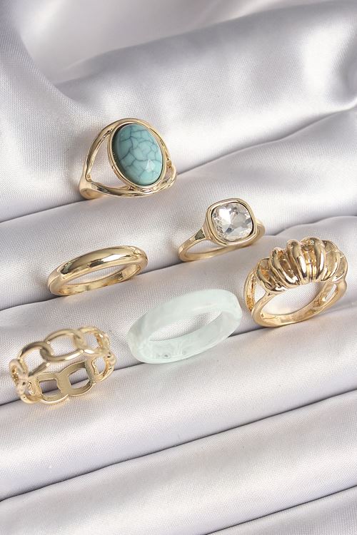 YRTCL Pirinç Gold Renk Kare Zirkon Taşlı Sarmal Model Mavi Taş Detay 6'Lı Kadın Yüzük Seti