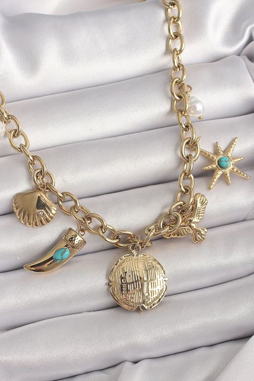 YRTCL 316L Çelik Gold Renk Zincir Sallantılı Çoklu Figür Model Kadın Kolye