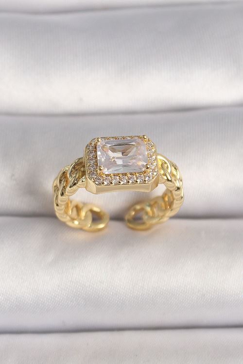 YRTCL Pirinç Gold Renk Zincir Model Kare Zirkon Taşlı Kadın Yüzük