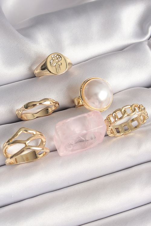 YRTCL Pirinç Gold Renk Daire 3D İncili Figür Zincir Model Gül İşleme Detaylı 6'Lı Kadın Yüzük Seti