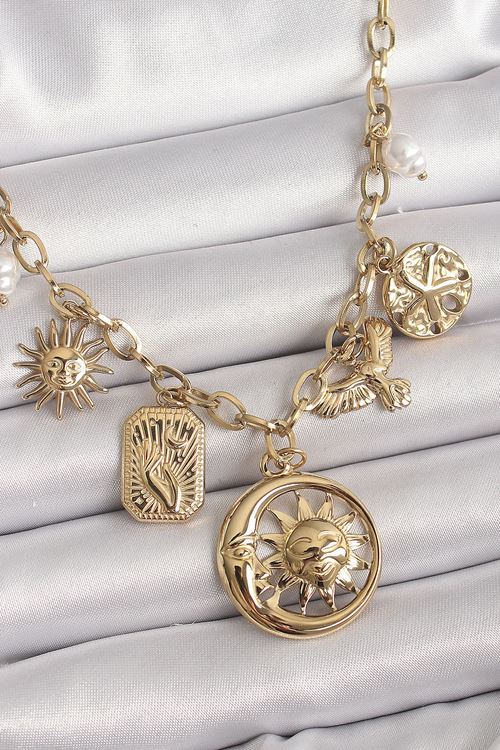 YRTCL 316L Çelik Gold Renk Halka Zincir Sallantı Ay Güneş Figür Kuş Detay Kadın Kolye