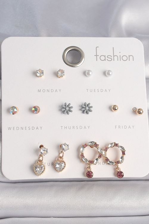 YRTCL Pirinç Gold Renk Zirkon Taşlı Sallantı Kalp Çiçek Figür 7 Çift Kadın Küpe Seti