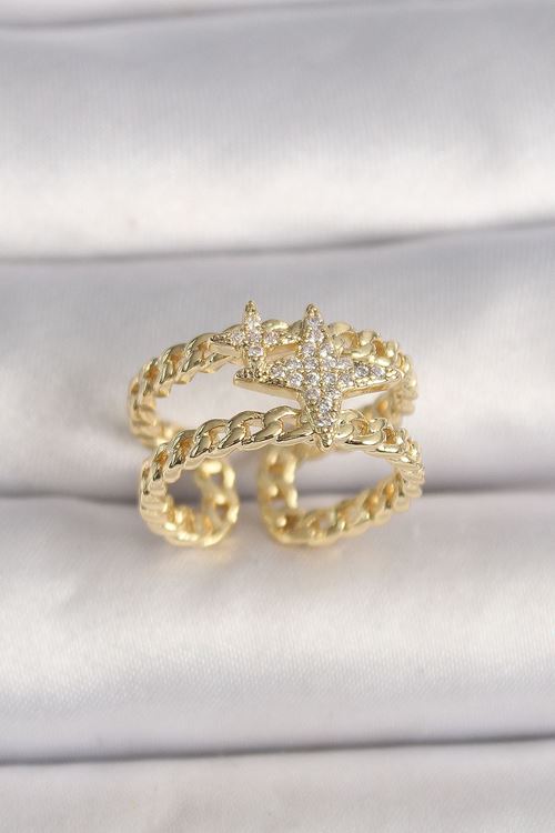 YRTCL Pirinç Gold Renk 2'Li Zincir Zirkon Taşlı Yıldız Figür Kadın Yüzük