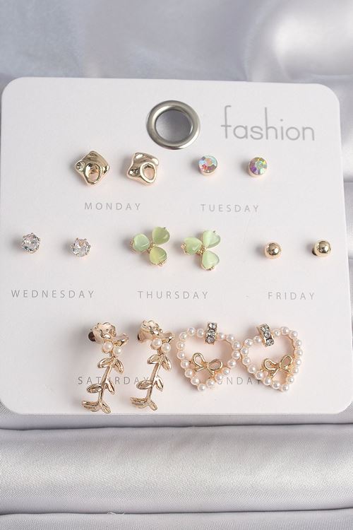 YRTCL Pirinç Gümüş Renk İncili Kalp Figür Kurdela Detay 7 Çift Kadın Küpe Seti