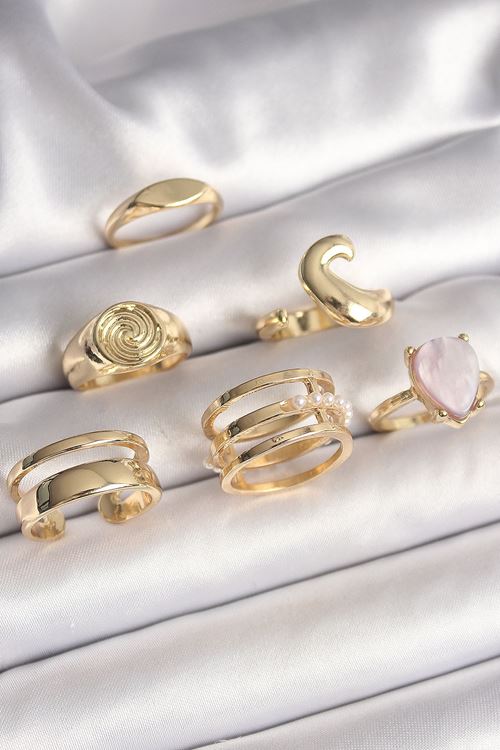 YRTCL Pirinç Gold Renk Pembe Damla Mineli Sarmal İşleme Detaylı 6'Lı Kadın Yüzük Seti