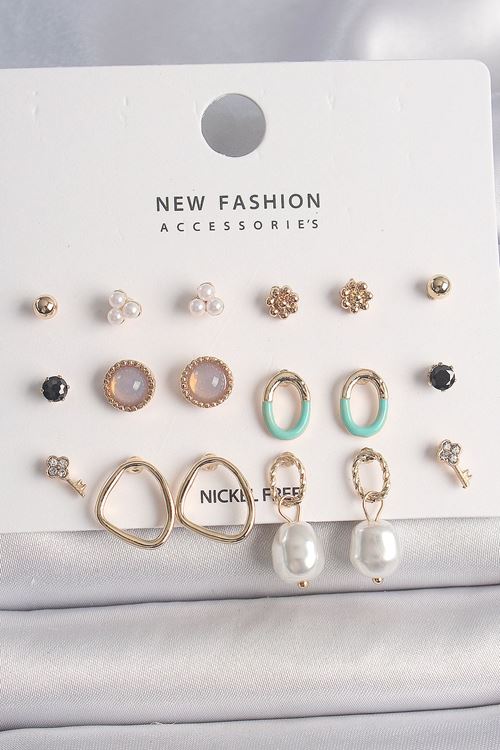 YRTCL Pirinç Gold Renk İncili Halka Model 9 Çift Kadın Küpe Seti