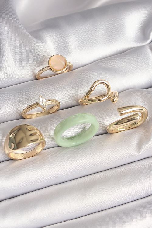 YRTCL Pirinç Gold Renk Zirkon Taşlı Daire Pembe Mineli Detay 6'Lı Kadın Yüzük Seti