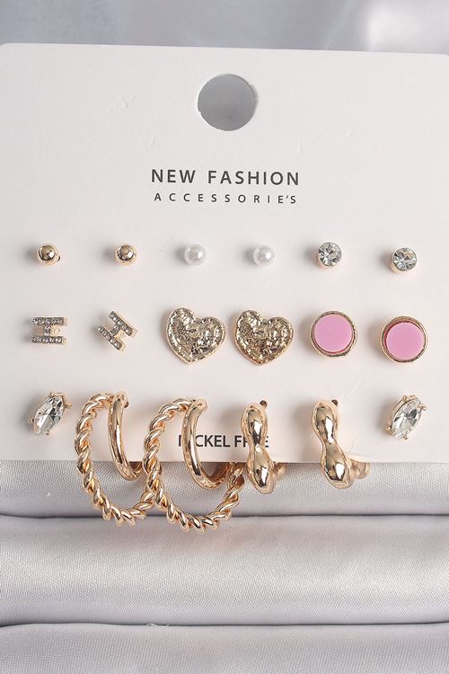 YRTCL Pirinç Gold Renk Zirkon Taşlı Burug Halka Model İşlemeli Kalp Detay 9 Çift Kadın Küpe Seti