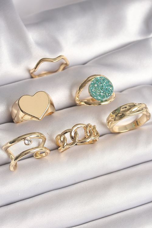 YRTCL Pirinç Gold Renk Zirkon Taşlı Kalp Plaka Figür Mavi Simli Detay 6'Lı Kadın Yüzük Seti