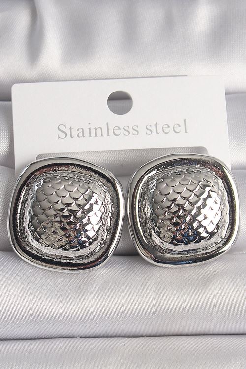 YRTCL Pirinç Gümüş Renk İşlemeli Kare Model Kadın Küpe