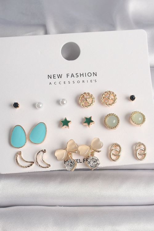 YRTCL Pirinç Gold Renk Zirkon Taşlı Fiyonk Hilal Figür 9 Çift Kadın Küpe Seti