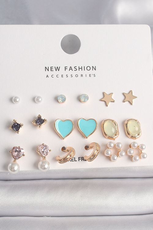 YRTCL Pirinç Gold Renk Zirkon Taşlı İncili Çiçek Mavi Kalp Figür 9 Çift Kadın Küpe Seti