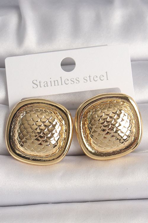 YRTCL Pirinç Gold Renk İşlemeli Kare Model Kadın Küpe