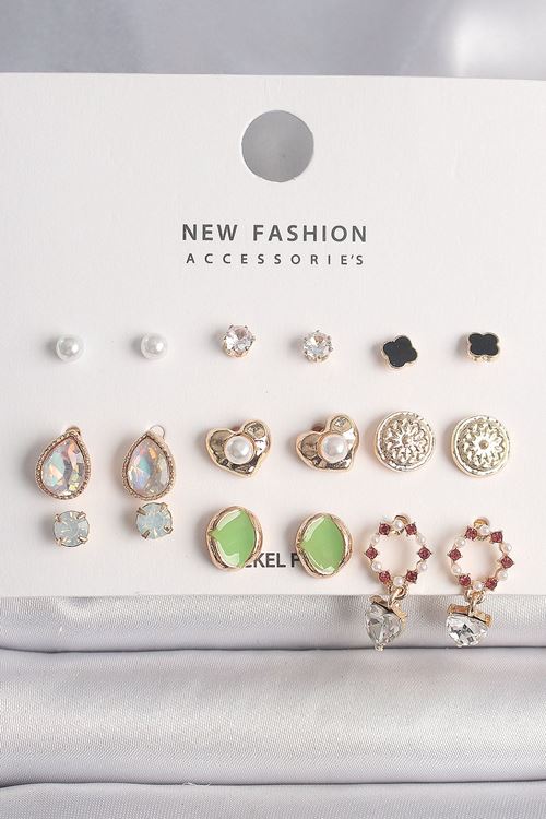 YRTCL Pirinç Gold Renk Damla Zirkon Taşlı İncili Kalp Detay 9 Çift Kadın Küpe Seti