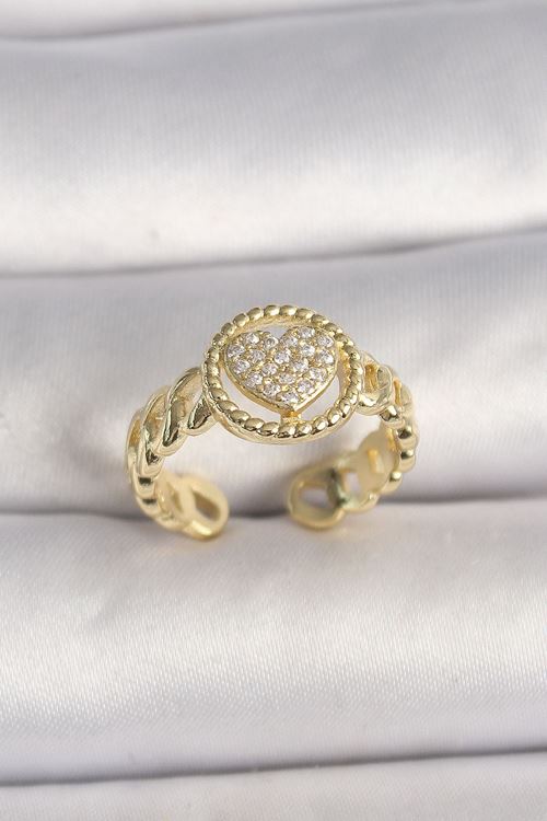 YRTCL Pirinç Gold Renk Ayarlanabilir Zirkon Taşlı Kalp Model Kadın Yüzük