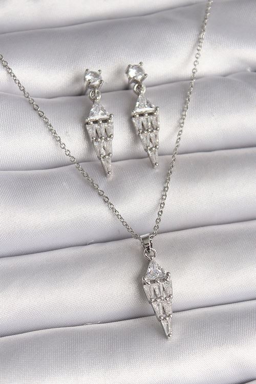 YRTCL 316L Çelik Gümüş Renk Zincir Sallantı Zirkon Taş Model Kadın Kolye Küpe Seti