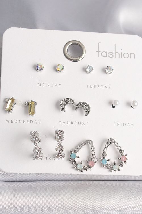 YRTCL Pirinç Gümüş Renk Renkli Zirkon Taşlı Halka Damla Figür Hilal Detay 7 Çift Kadın Küpe Seti