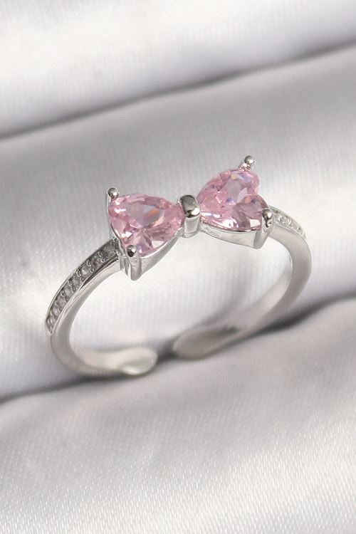 YRTCL Pirinç Gümüş Renk Pembe Zirkon Taşlı Kalp Fiyonk Model Kadın Yüzük