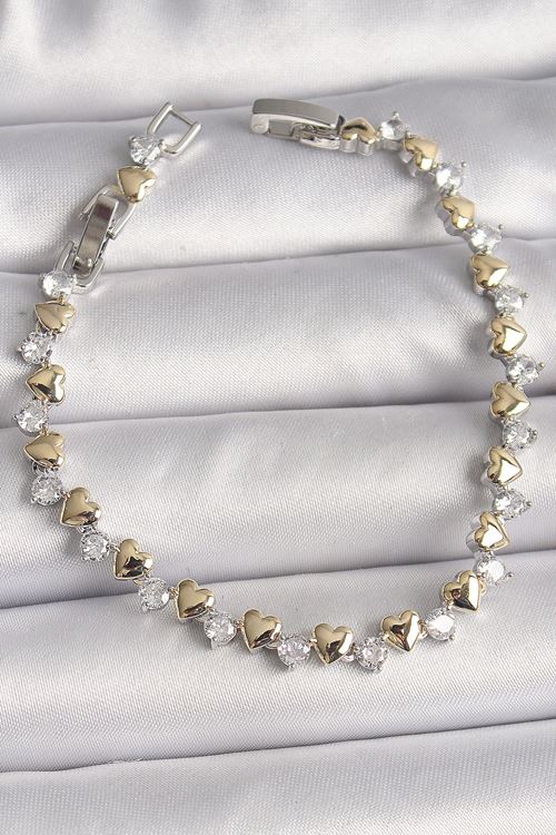 YRTCL Pirinç Gümüş Renk Zirkon Taşlı Gold Kalpli VIP Seri Kadın Bileklik