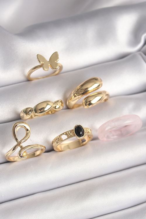 YRTCL Pirinç Gold Renk Kelebek Figür Sarmal Model 6'Lı Kadın Yüzük Seti