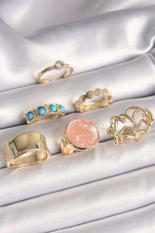 YRTCL Pirinç Gold Renk Daire Pembe Mineli Zirkon Taş Detaylı 6'Lı Kadın Yüzük Seti