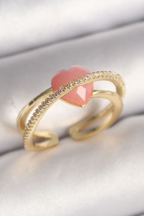 YRTCL Pirinç Gold Renk Pembe Kristal Kalp Model Zirkon Taş Detaylı Kadın Yüzük