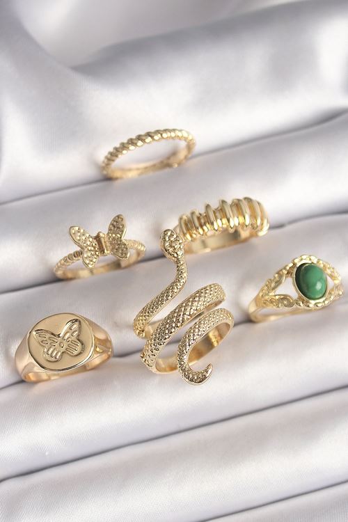 YRTCL Pirinç Gold Renk İşlemeli Yılan Model Kelebek Detay 6'Lı Kadın Yüzük Seti