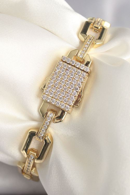YRTCL Pirinç Gold Renk Zirkon Taş Detaylı Kare Zincir Model Xuping VIP Exculusive Seri Kadın Bileklik