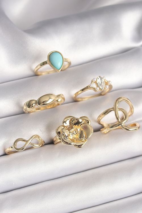 YRTCL Pirinç Gold Renk Çiçek Model Model Sonsuzluk Zirkon Taş Detaylı 6'Lı Kadın Yüzük Seti