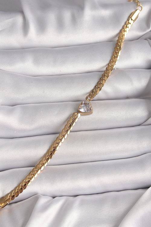 YRTCL 316L Çelik Gold Renk Yassı Zincir Model Zirkon Taşlı Kalp Figür Kadın Bileklik