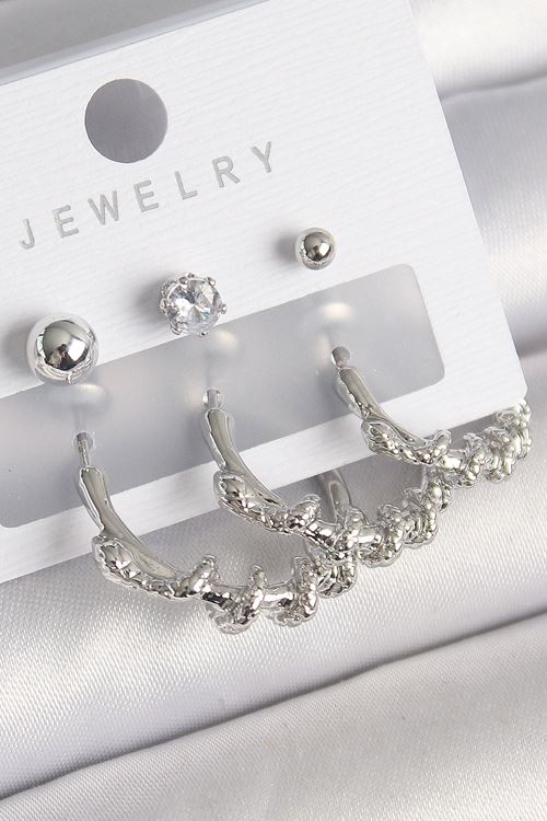 YRTCL Pirinç Gümüş Renk Sarmal Yılan Halka Model Zirkon Taşlı Topçuk Detay Kadın Küpe Seti