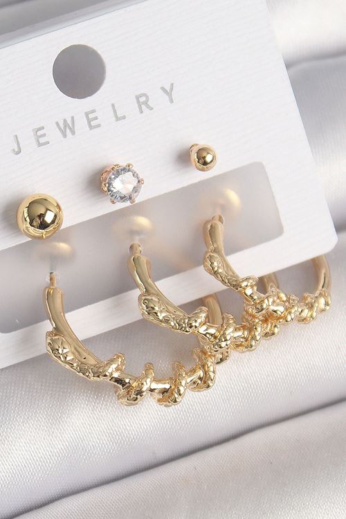 YRTCL Pirinç Gold Renk Sarmal Yılan Halka Model Zirkon Taşlı Topçuk Detay Kadın Küpe Seti