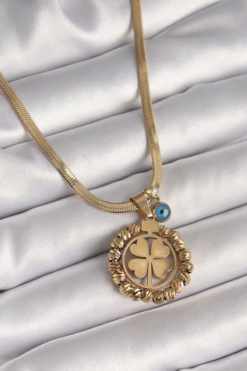 YRTCL 316L Çelik Gold Renk İtalyan Zincir Dorika Yonca Model Nazar Boncuk Detay Kadın Kolye