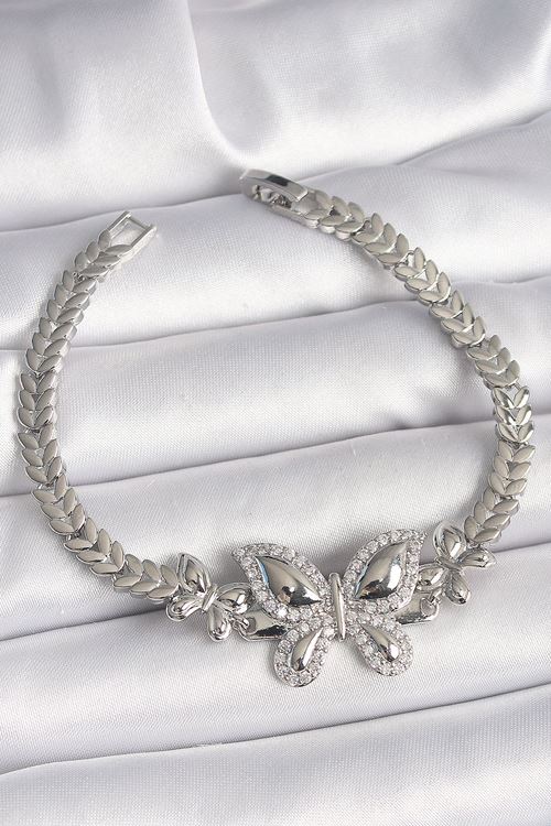 YRTCL Pirinç Gümüş Renk Zirkon Taşlı Kelebek Model Kadın Bileklik