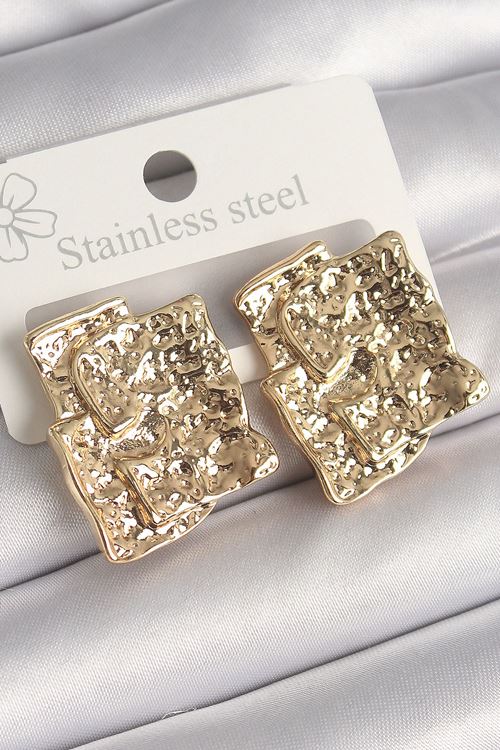 YRTCL Pirinç Gümüş Renk İşlemeli Kare Plaka Model Kadın Küpe