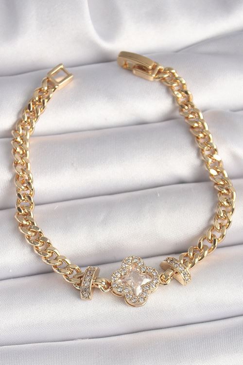 YRTCL Pirinç Gold Renk Zirkon Taşlı Yonca Figür Zincir Model Kadın Bileklik