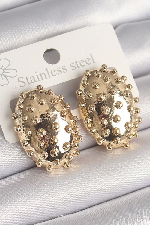 YRTCL Pirinç Gold Renk İşleme Detaylı Oval Bombe Plaka Model Kadın Küpe