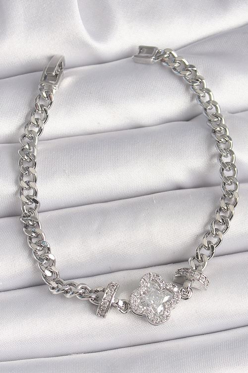 YRTCL Pirinç Gümüş Renk Zirkon Taşlı Yonca Figür Zincir Model Kadın Bileklik