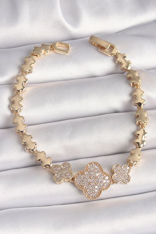 YRTCL Pirinç Gold Renk Zirkon Taşlı Yonca Model Zincir Kadın Bileklik