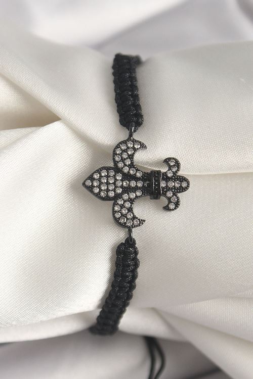 YRTCL Pirinç Siyah Renk Zirkon Taşlı Zambak Figür Asansörlü Makrome Model Kadın Bileklik