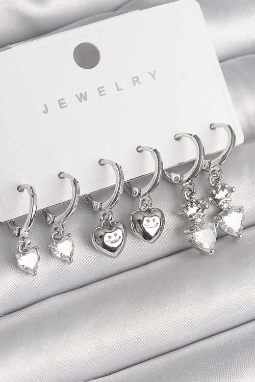 YRTCL Pirinç Gümüş Renk Sallantı Zirkon Taşlı Kalp Model Taç Detay Kadın Küpe Seti